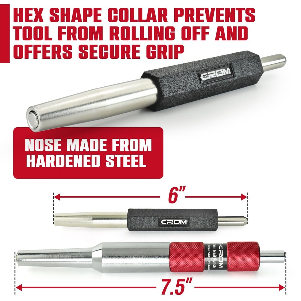 CROM Trim Nail Punch - Help Drive Nails Small - 2-Piece Set, Silver