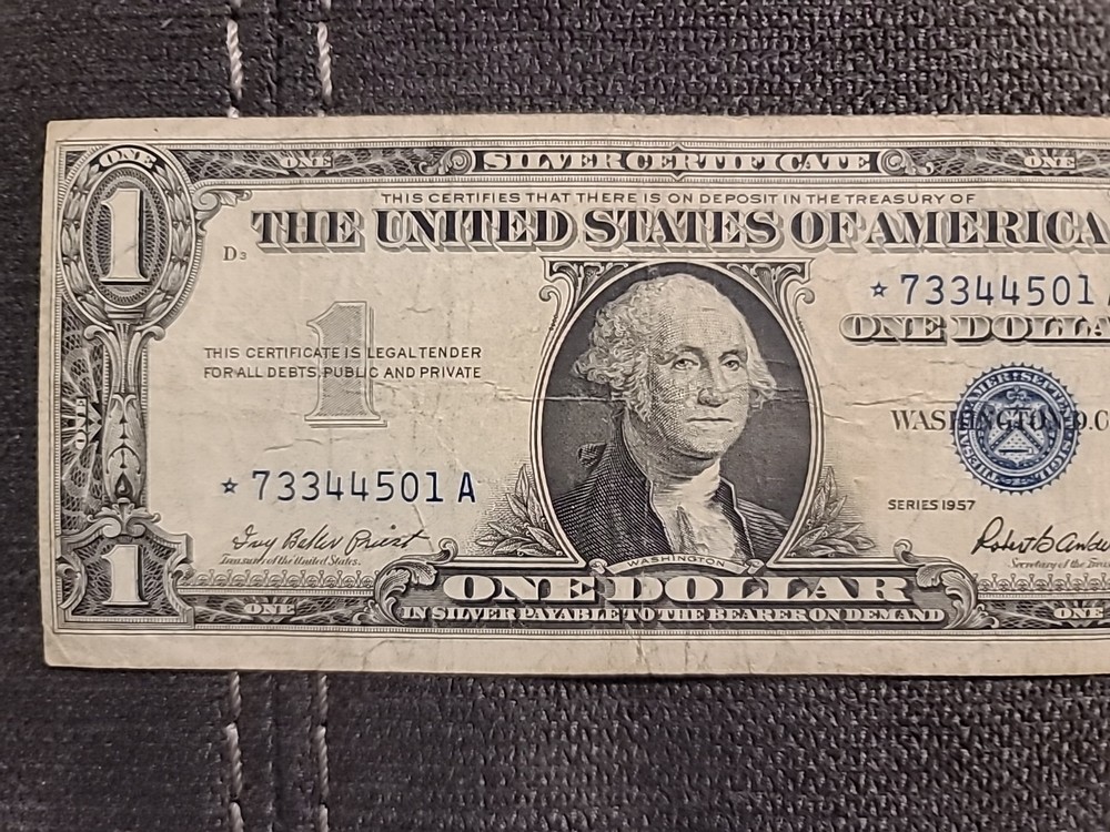 2 - 1957 $1 Blue Seal Notes, 1 MISALIGNED STAR NOTE & 1 VF CRISP NOTE