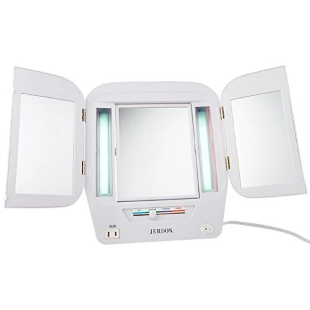 Modern Lighted Tri-Fold Makeup Mirror -with 5x Magnification and Multiple Lights