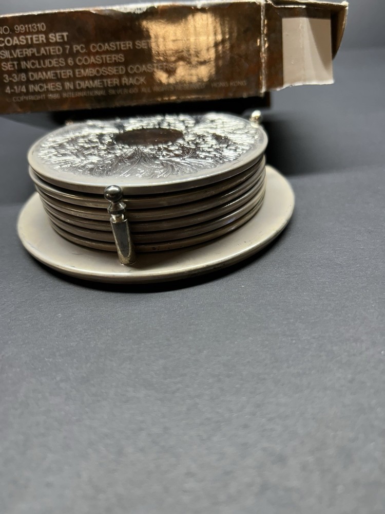 International Silver Co. Silver Plated 6 Pc Coaster Set With Holder
