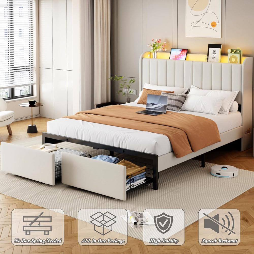 Full Size Bed Frames with Storage Headboard and 2 Drawers, Upholstered Platform