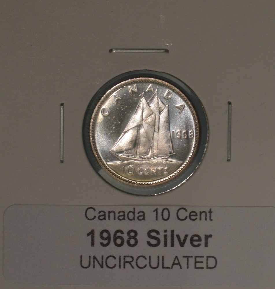 1968 SILVER Canada Dime - UNCIRCULATED - from original mint roll - SILVER