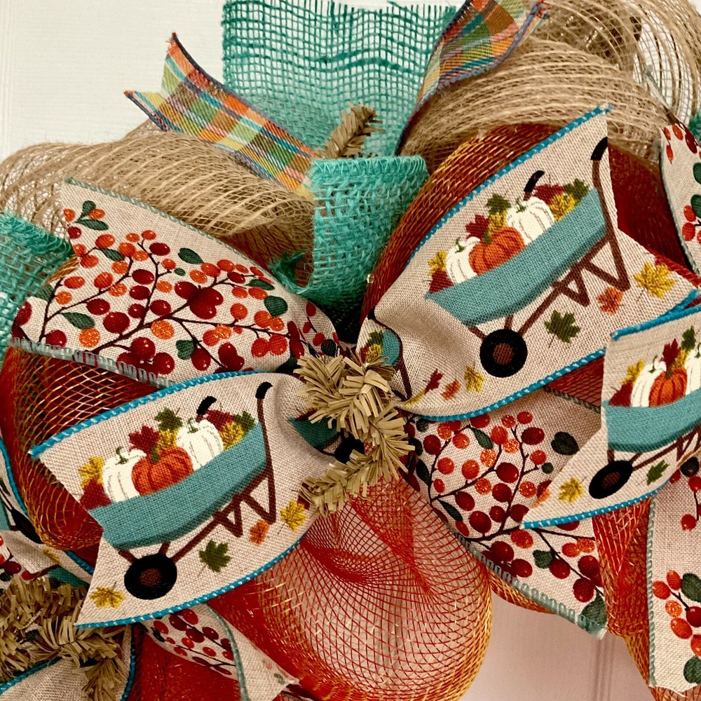 Harvest Wagon Ribbon Wreath Handmade Deco Mesh