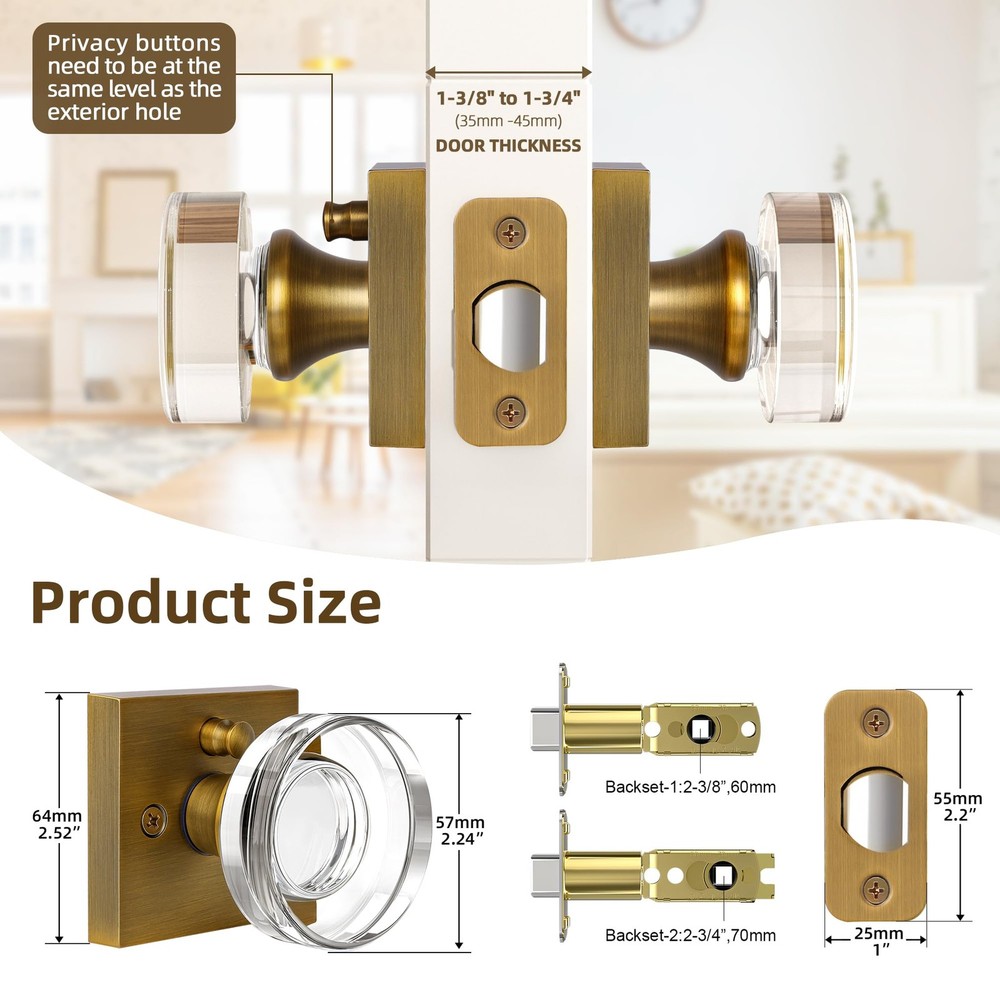 naubea Antique Brass Door Knobs Crystal 1 Pack Privacy,