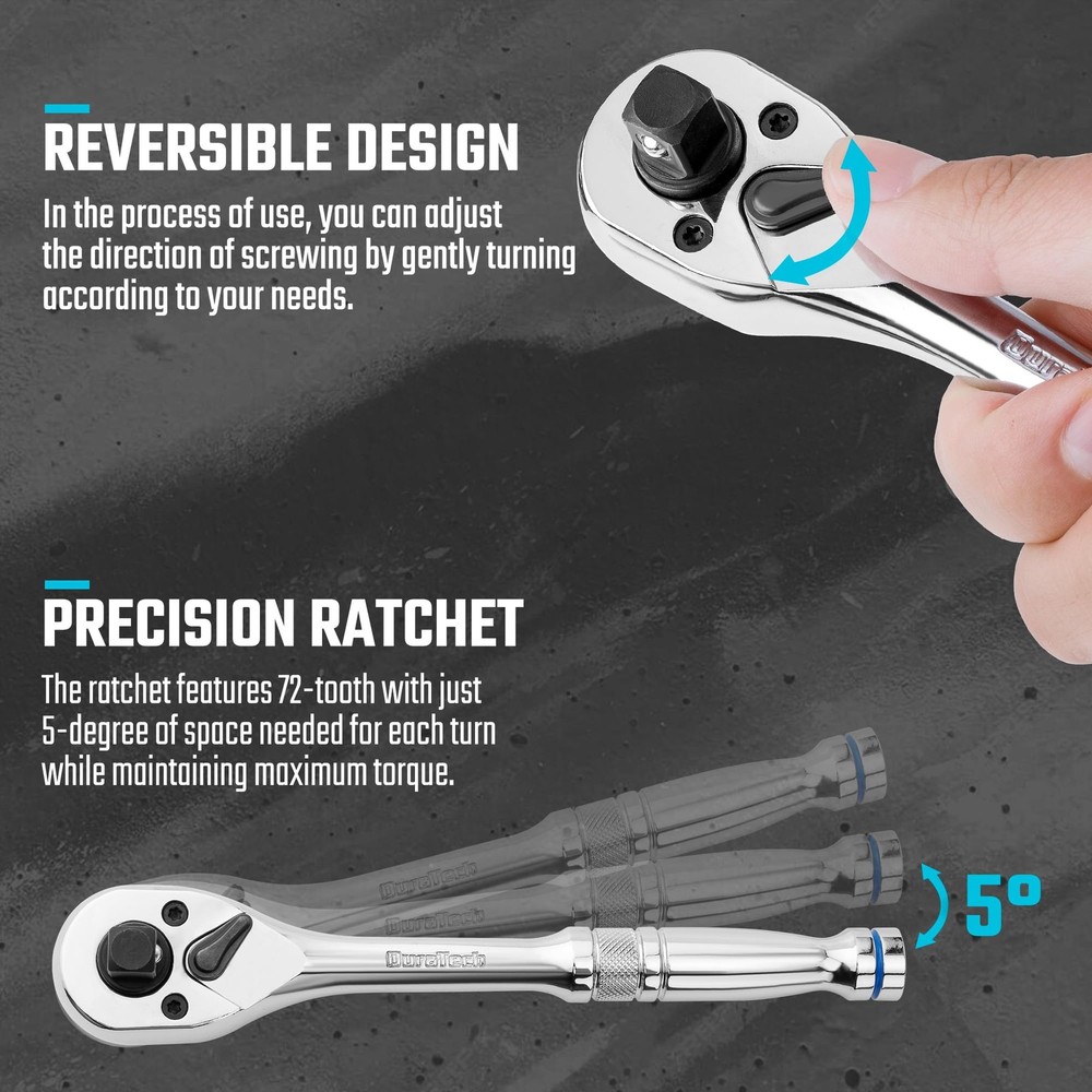 DURATECH Ratchet Set, 3-IN-1 Handle, with 2 Extension Bars, Silver