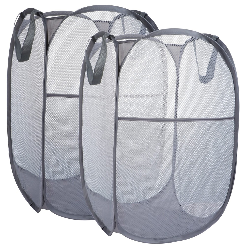2 Pack Mesh Laundry Basket,Foldable Popup 14" x 13" x 24", Gray+ Gray