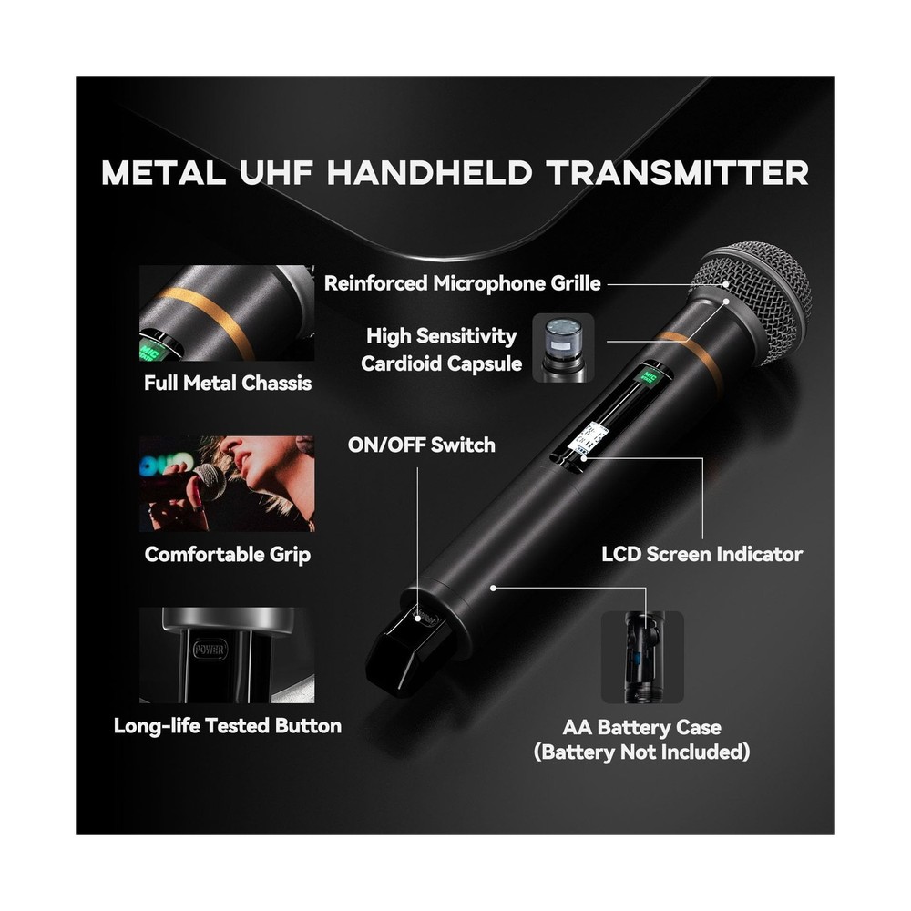 Wireless Microphone System, Cordless Handheld Dynamic Mic, Dual UHF 200-Chann...