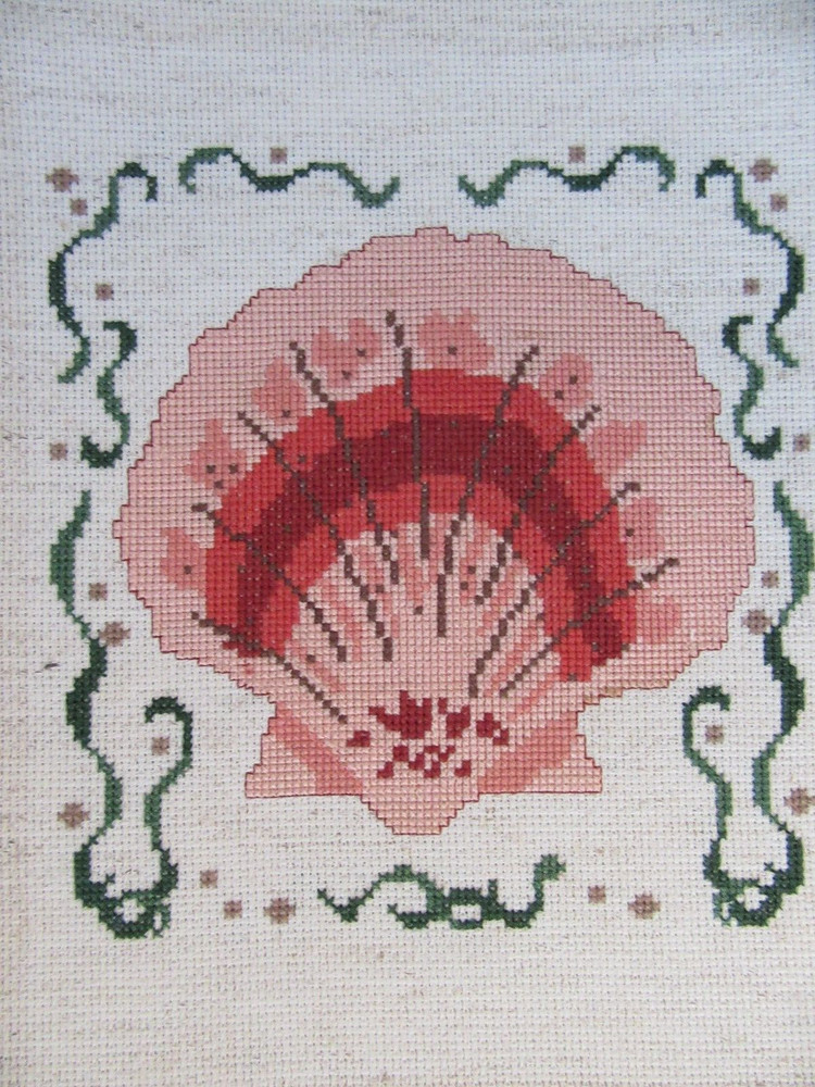 Finished Cross Stitch Seashell Beach Completed 11x14 Shell