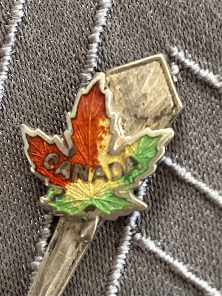 Sterling Silver Mini Salt Spoon Enamel Canada Maple Leaf By BM Co. 2.5”