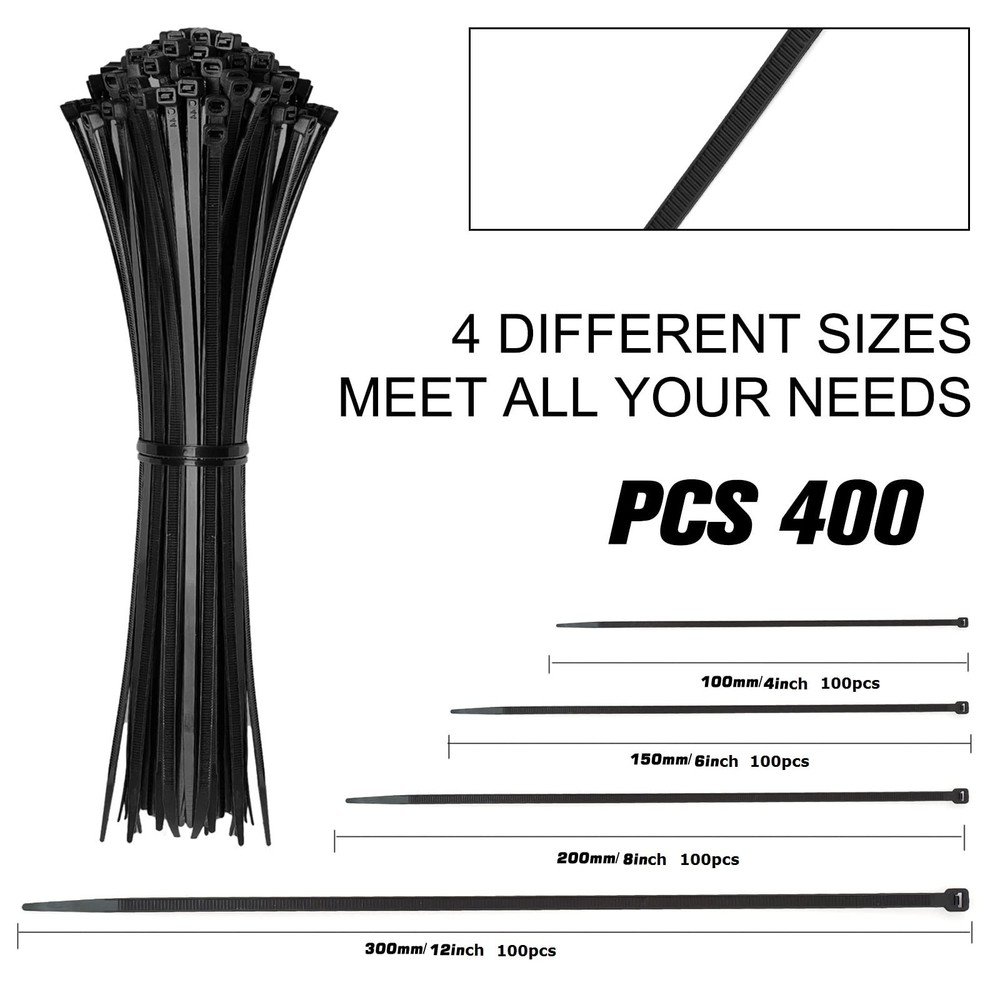 Cable Zip Ties,400 Pack Black Assorted Sizes 12+8+6+4 Inch,Multi-Purpose Self...