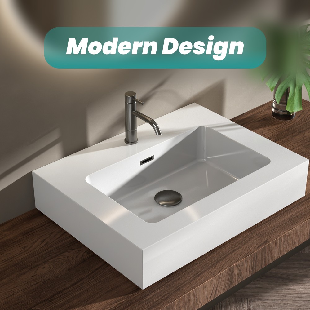 BB02-24-101, Integrated solid surface basin WITHOUT drain & faucet, glossy white