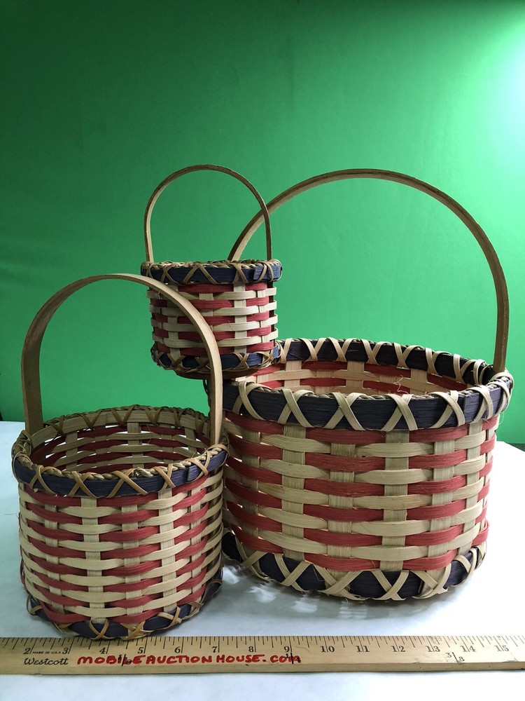 Set 3 Round Handled Woven Baskets Wood Nesting Large Medium Small Signed 2001