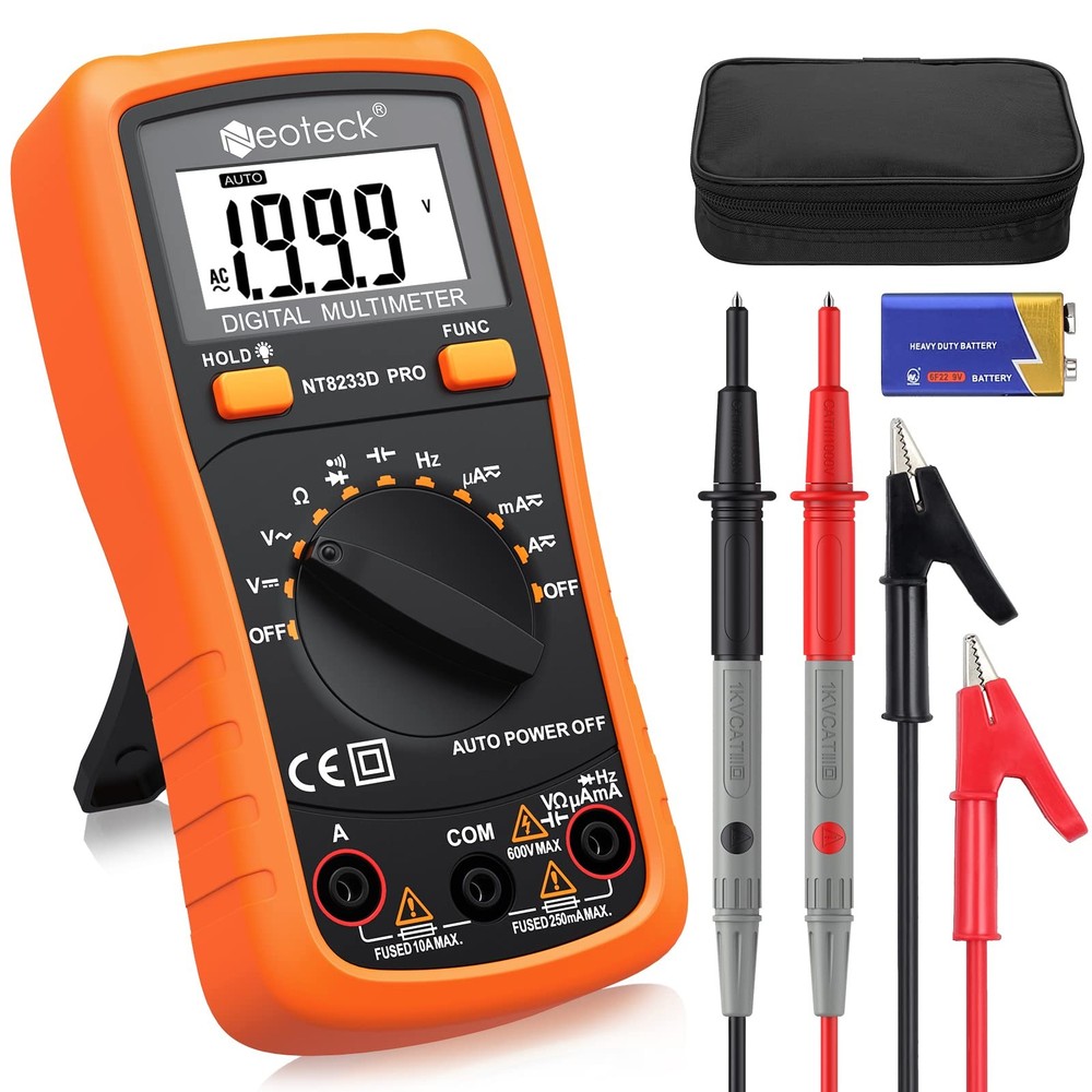 Neoteck Auto Ranging Digital Multimeter AC/DC Voltage 8233D PRO, Orange