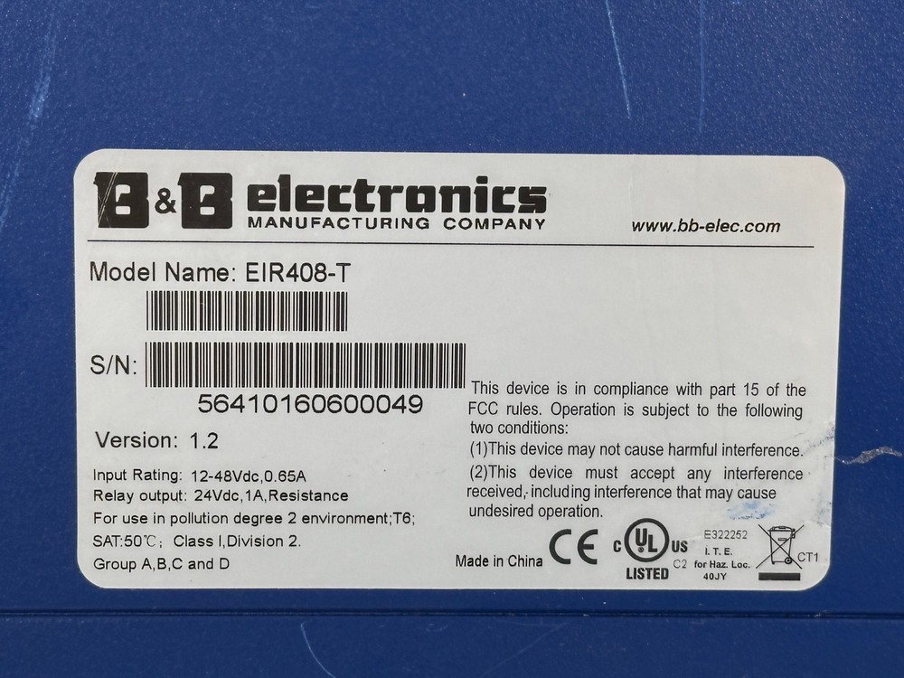 B&B Electronics EIR408-T Version 1.2 Ethernet Switch 8 Port