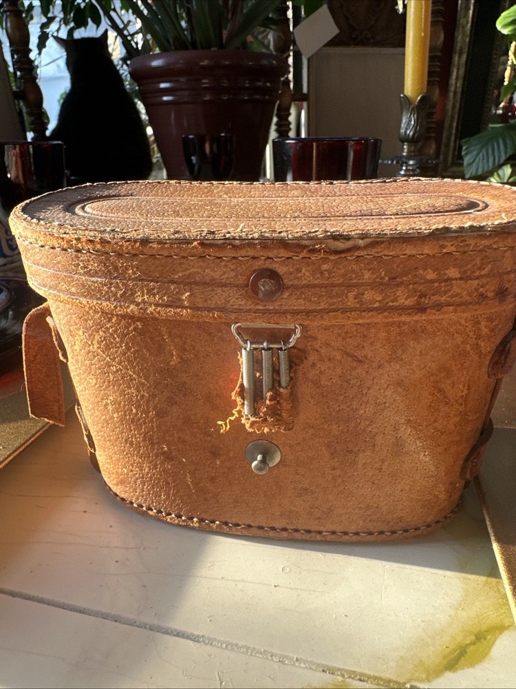 Vintage Brown Leather Binocular Case, Red Lining With Binoculars