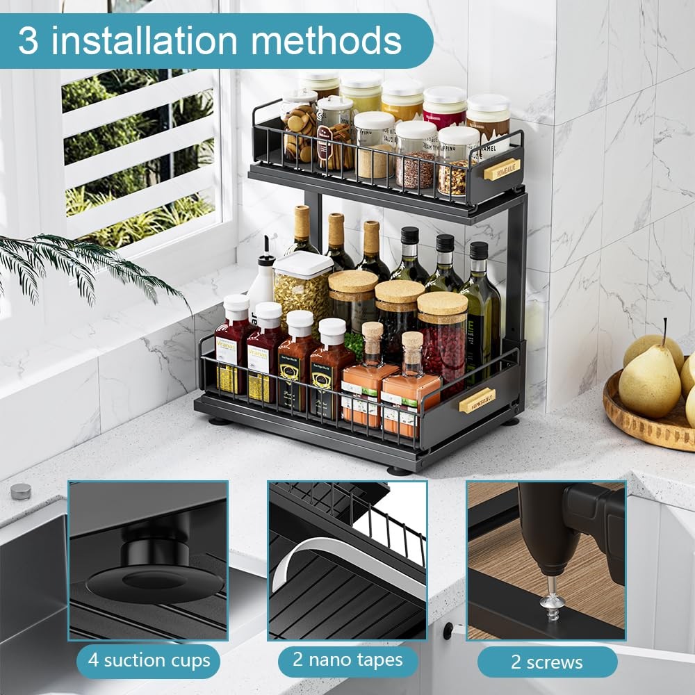 Under Sink Organizer Kitchen, 2 Tier Double Layer, Black