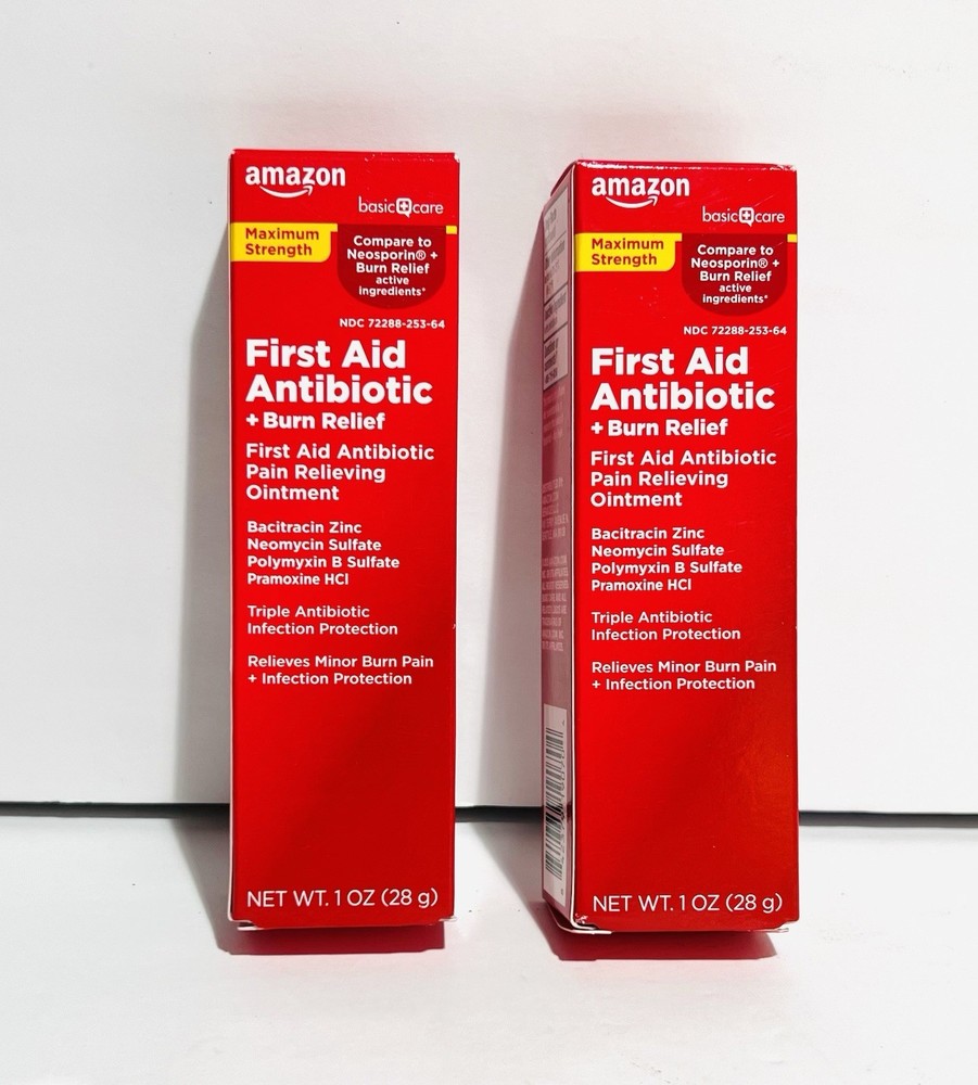 2 Pack Amazon Basic Care First Aid Antibiotic Ointment + Burn Relief 1 oz Each