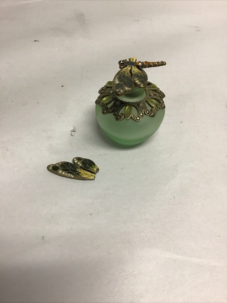 Dragonfly Empty Refillable Glass Perfume Bottle Green Beautiful 3” *READ*