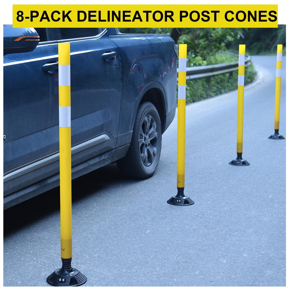 8 Pack 48 Inch Yellow Delineator Post Traffic Cones with Fixable Base