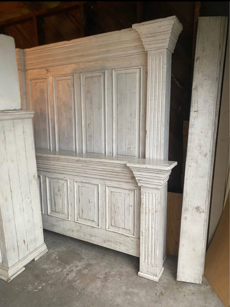 Queen Rustic White Bed Frame, Dresser W/Mirror