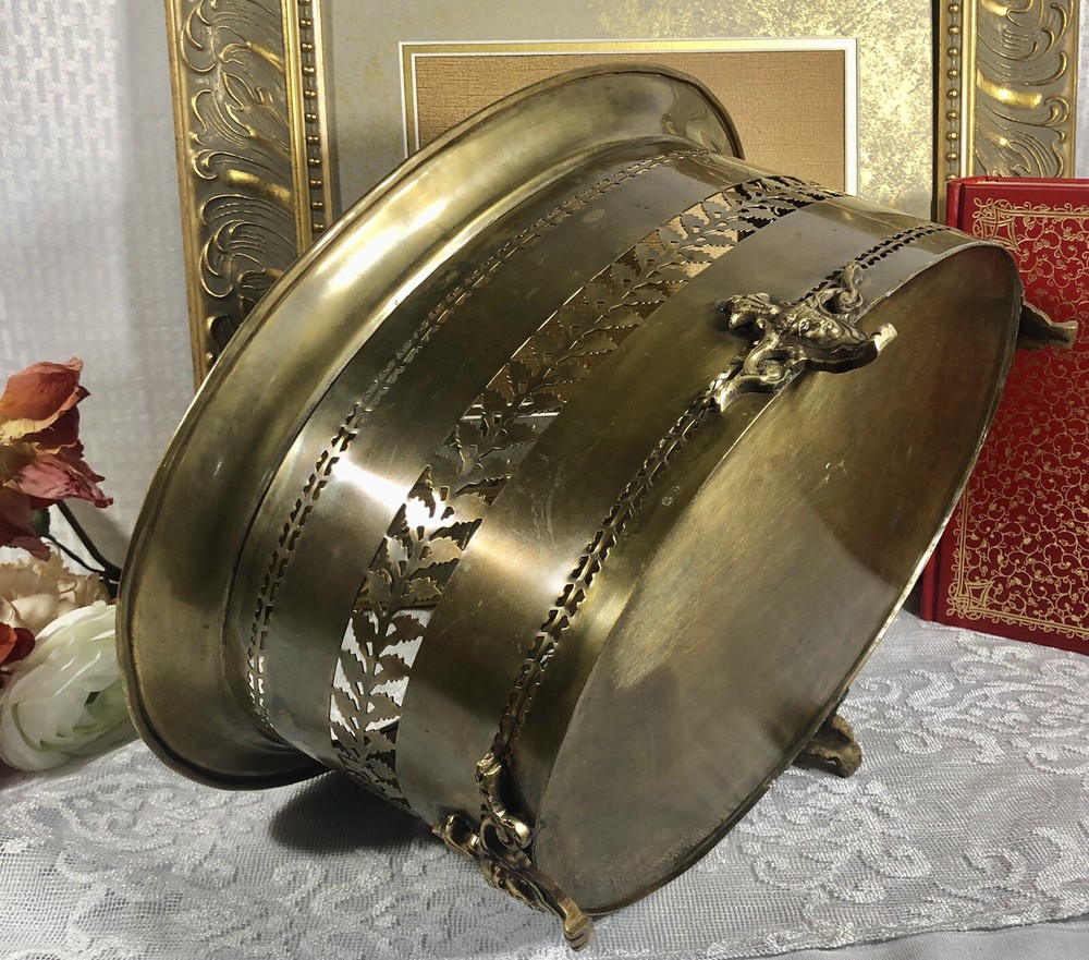 Solid Brass Planter Antiqued Brass Cherub Footed Container Pierced Sides *