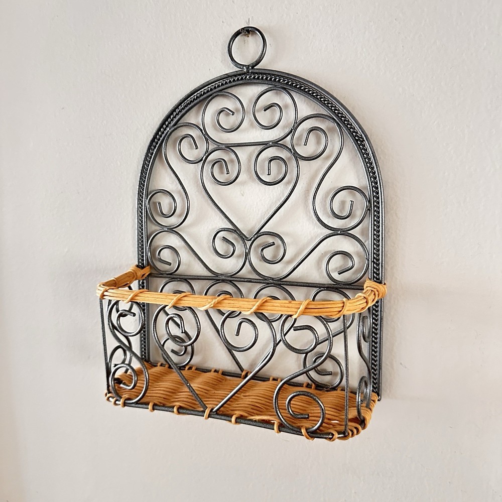 Small Wall Basket Metal and Wicker Scroll Decor