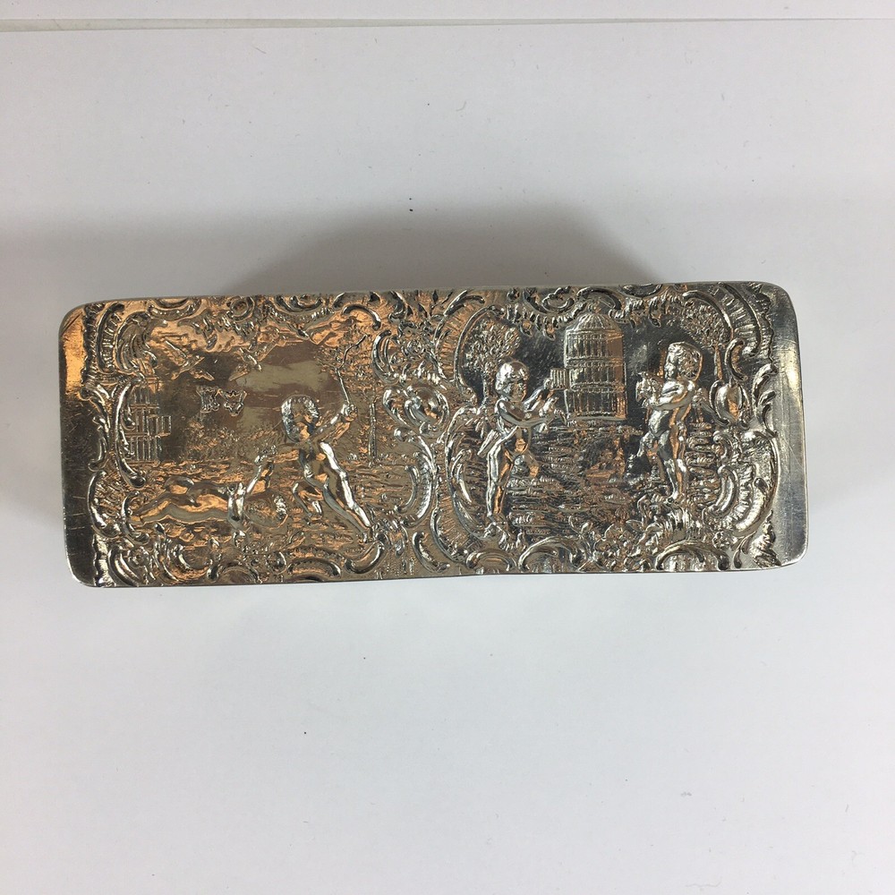 Antique German Hanau Pseudo Embossed Cherubs Playing Solid Silver Box 12cm Wide