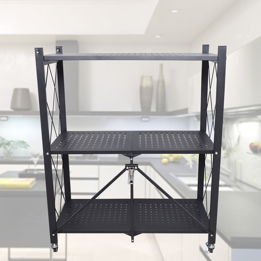 Storage 3 Tier Wide Folding Metal Shelf ,Rolling Trolley Utility Cart Black