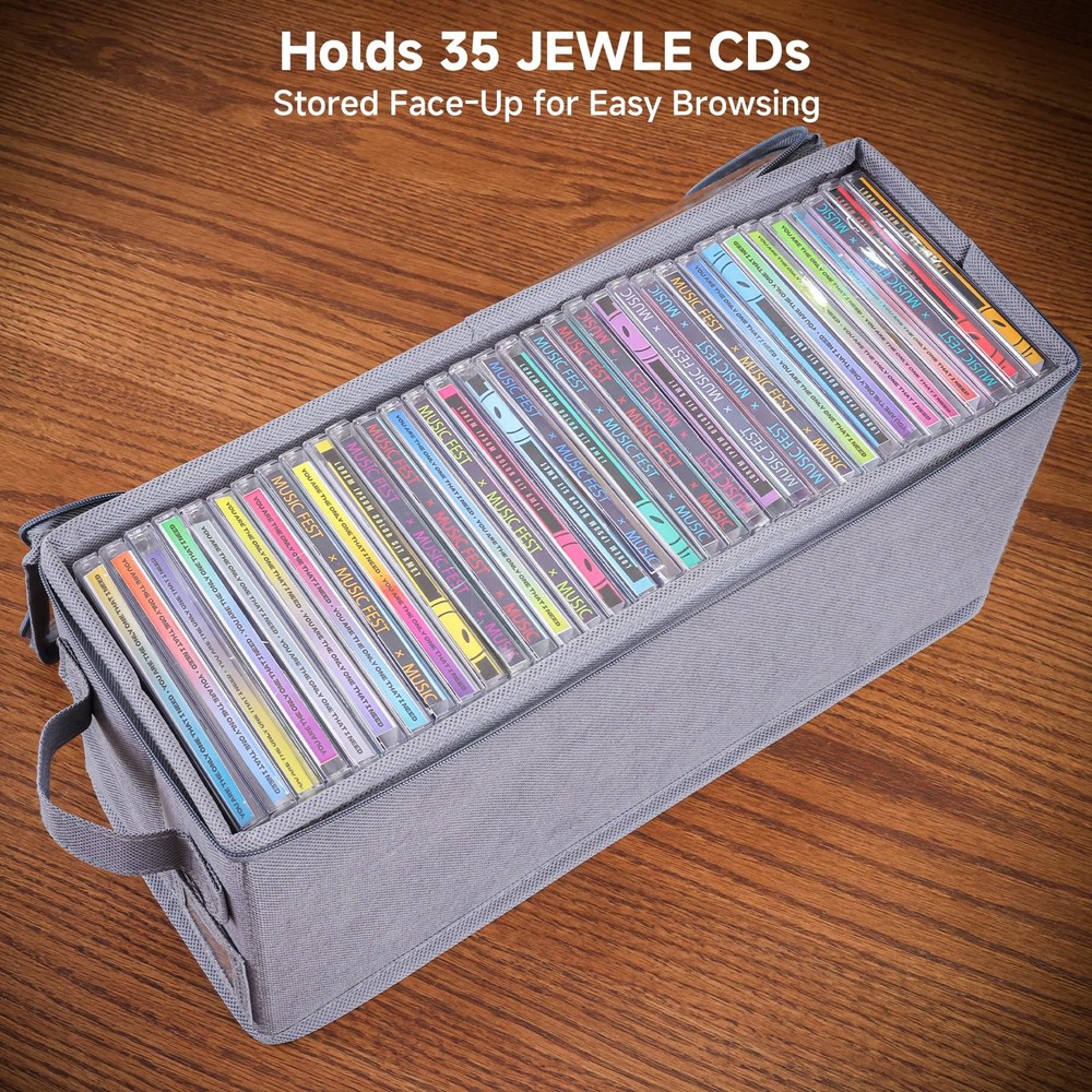 2 PCS Gray Stackable CD Holder Storage Case Box Organizer Lid Handle Clear