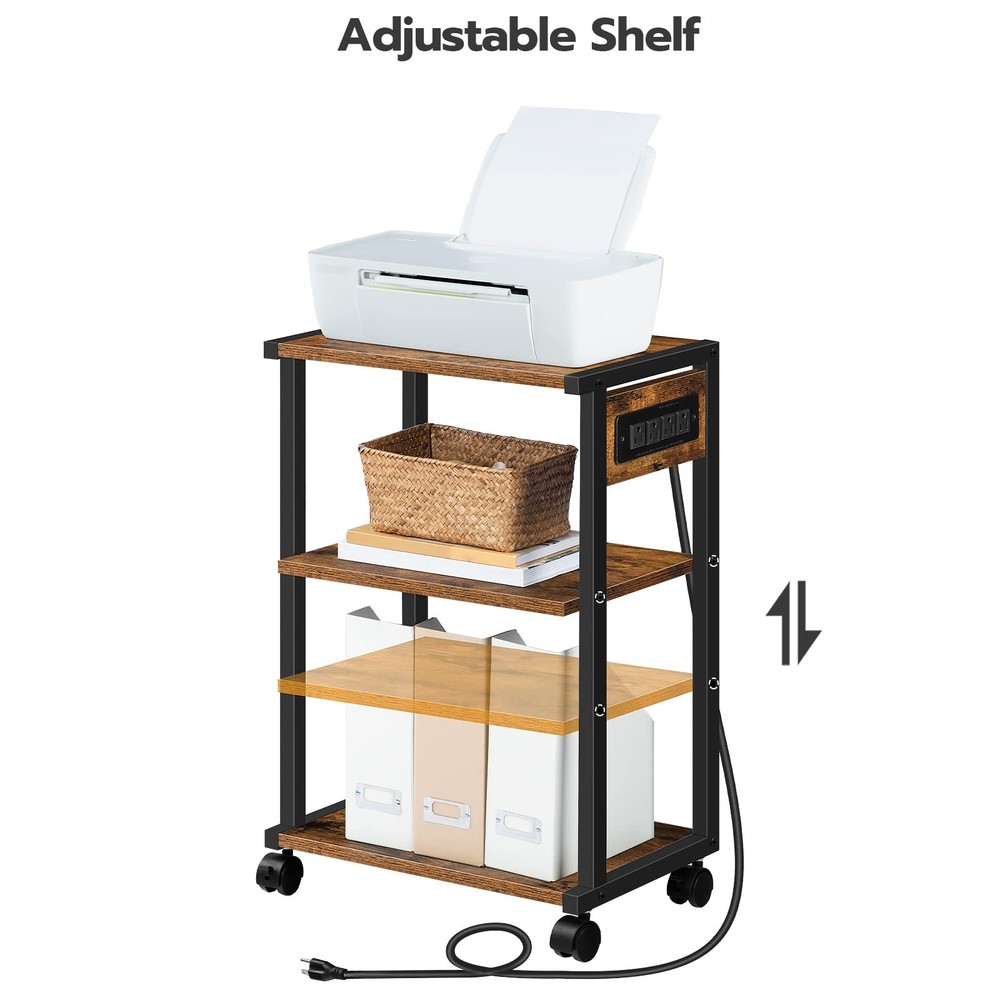 Industrial Printer Stand with Charging Station, 3-Tier Printer Table, Rolling...