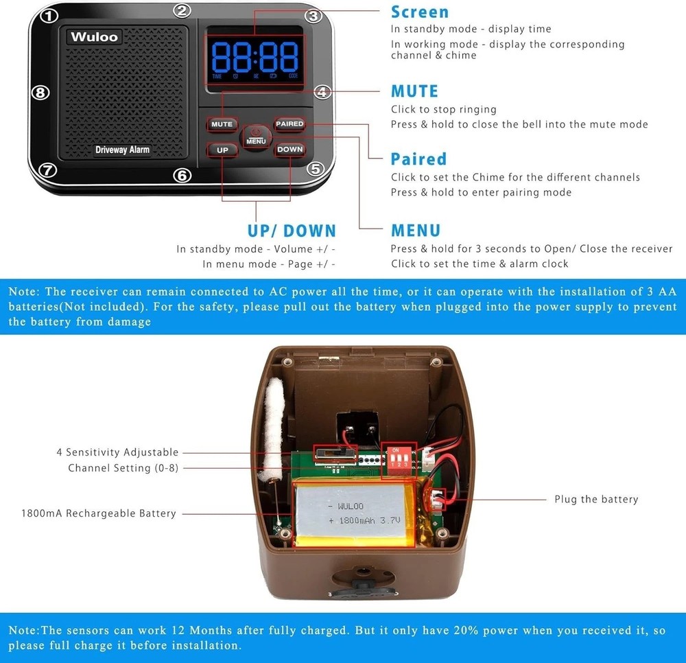 Multi-Functional Wireless Driveway Motion Detector - 1800ft Range, Weatherproof
