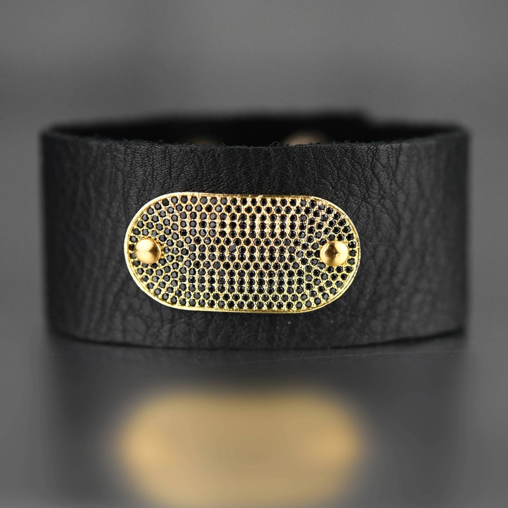 Golden Micro Black Pave on Black Leather Cuff
