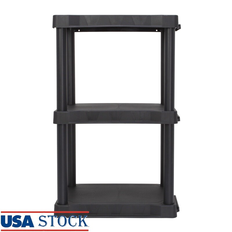 3 Tier Black Plastic Shelf Unit Tool Free Assembly 150lb Capacity Garage Storage