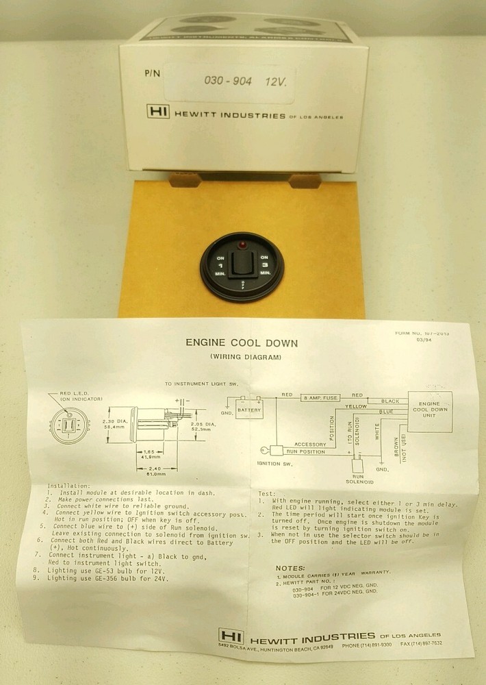 030-904 12V Hewitt Industries Engine Cool Down Switch New!