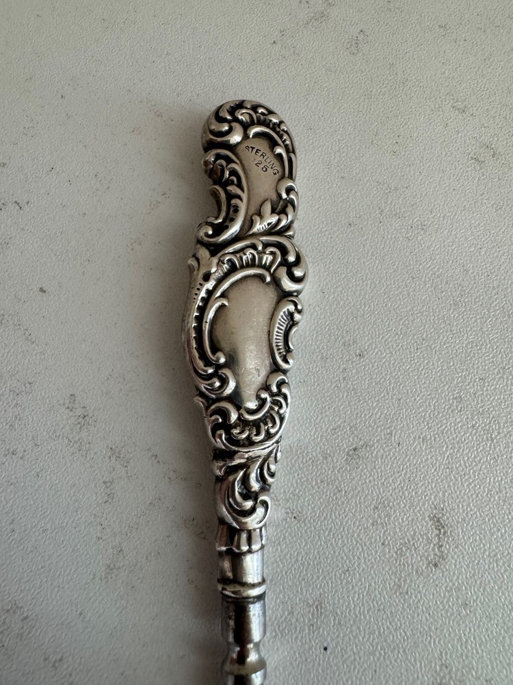 Antique Sterling Silver Handle Button Hook w/ Scrolling Decoration