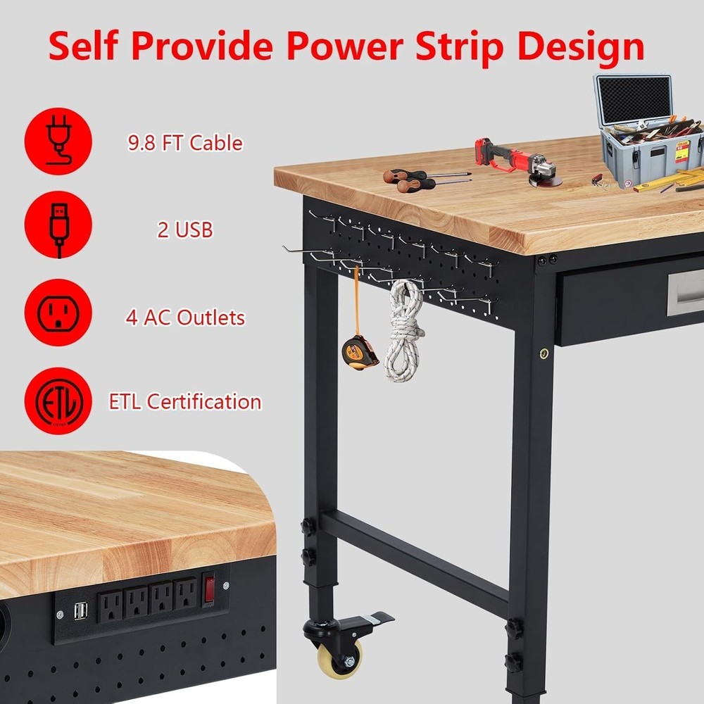 48" Adjustable Workbench with Drawer Storage, Adjustable Height Worktable Wood