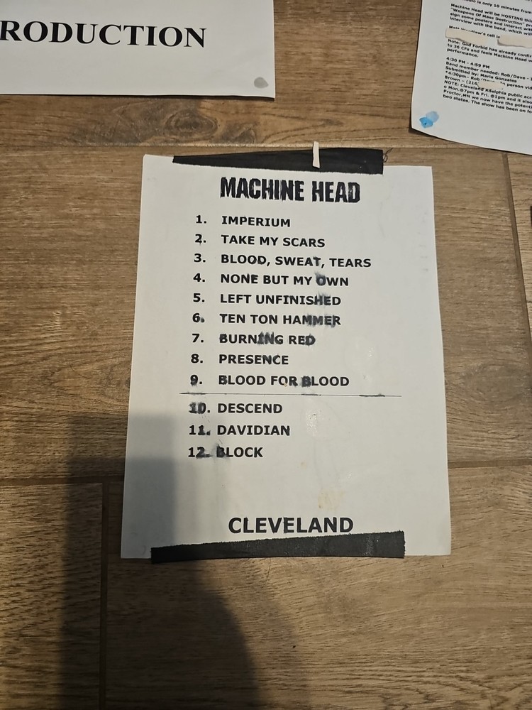 Machine Head Set List Press Sheet 2004 Cleveland May 6th Rare Original Weapons