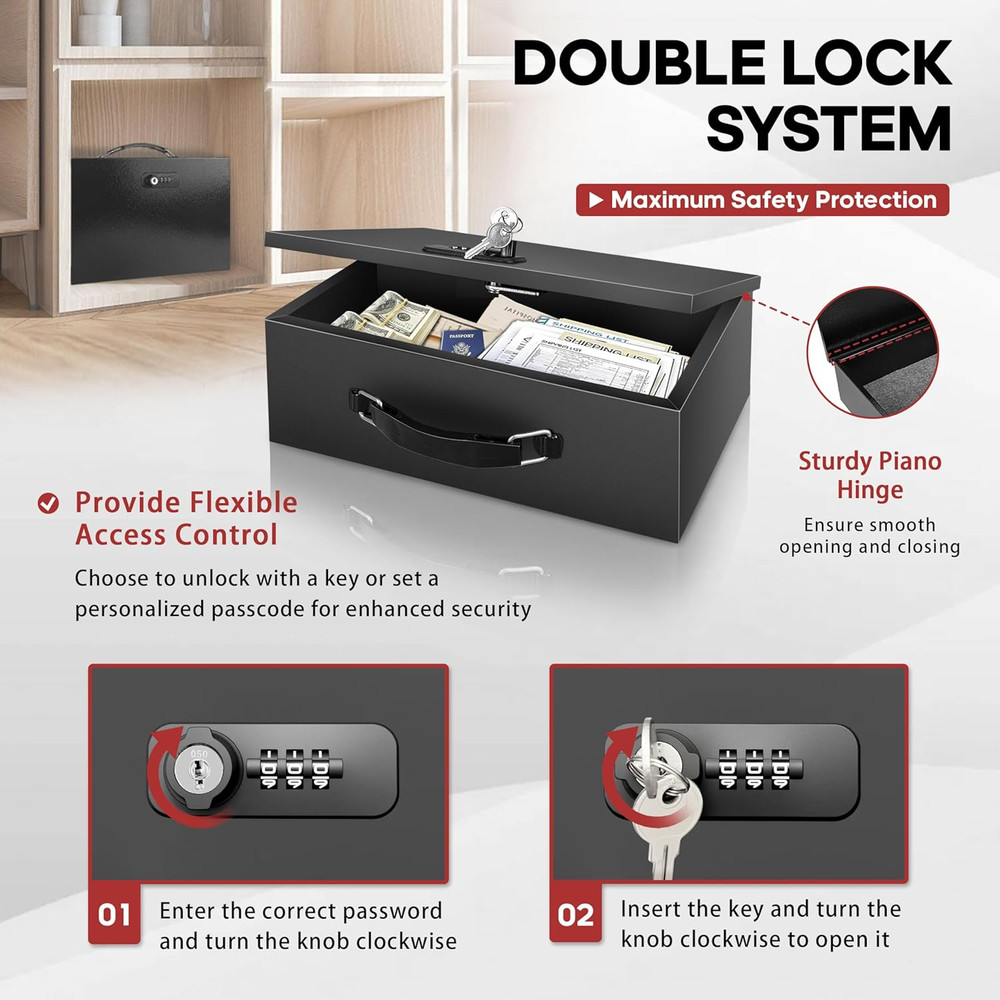 Fireproof Lock Box with Key and Combination Lock, Fire Safe Document Box,