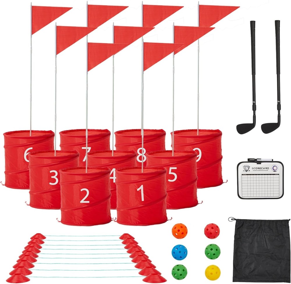 Portable 9-Hole Bucket Golf Game Set for Backyard & Beach Fun - Red