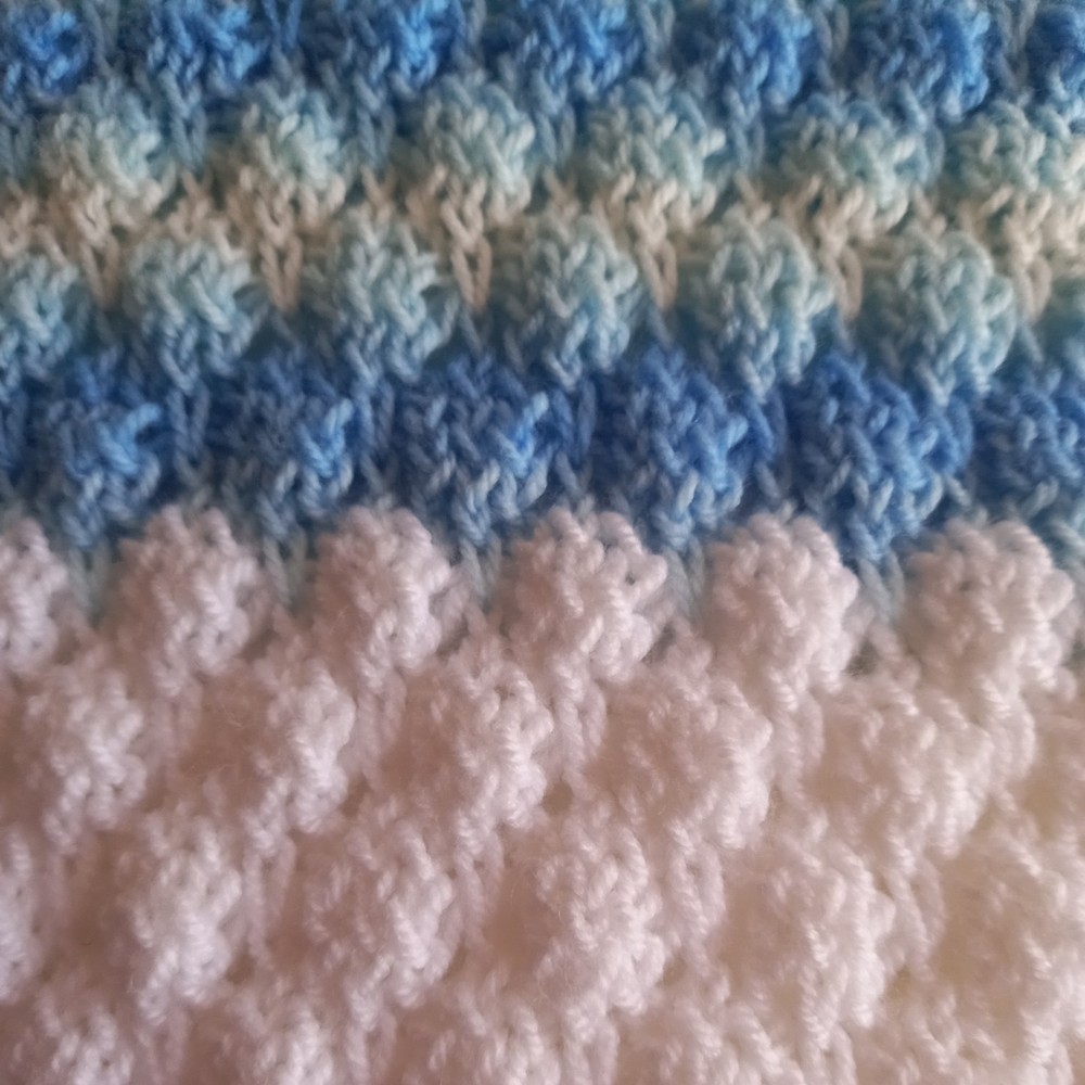 Hand Knitted White and Blue Baby Blanket