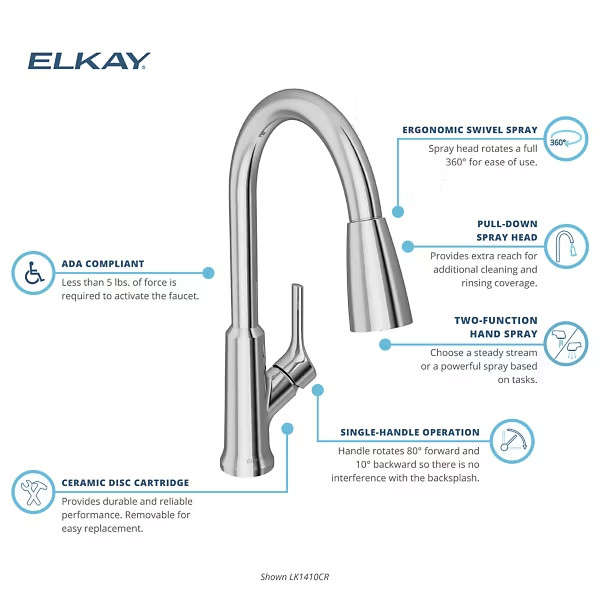 Elkay LK1410CR Kitchen Faucet – Chrome Pull-Down Spray, Single Hole, 1.8 GPM