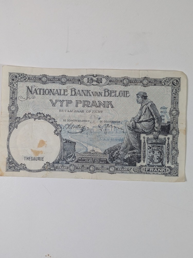 1938 BELGIUM 5 FRANCS BANKNOTE
