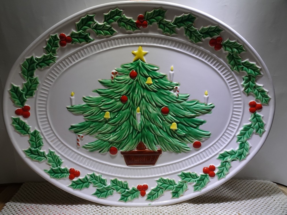 FINE CERAMIC Christmas Tree Turkey/Cookie Platter 18" * 14" - Japan IOB VGUC