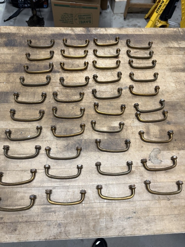 40 Matching Vintage Solid Brass Original Drawer / Bin Pull Industrial Hardware