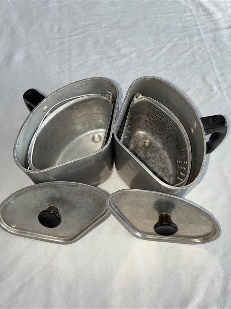 2 Vintage Triangular Cast Aluminum Saucepans, Made in England - Strainers 6 Pcs