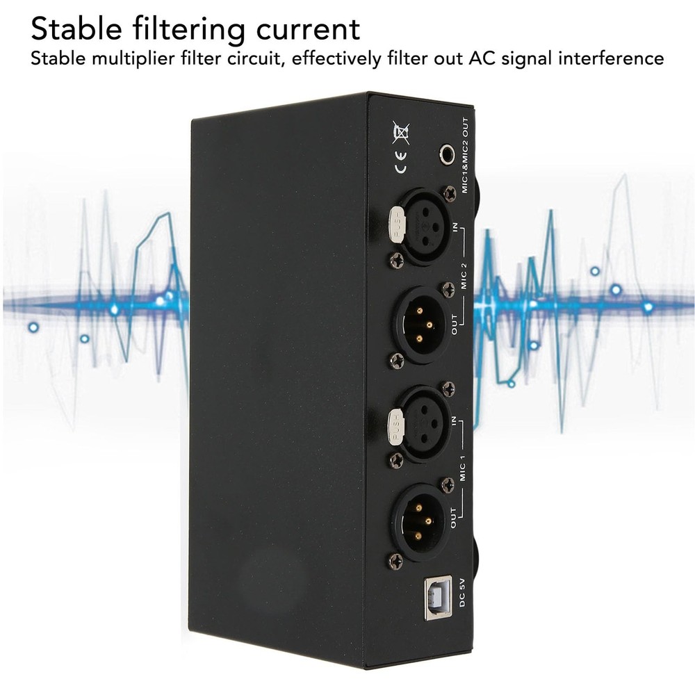 2 Channel 48V Power Supply for Condenser Microphone, Universal Compact with X...
