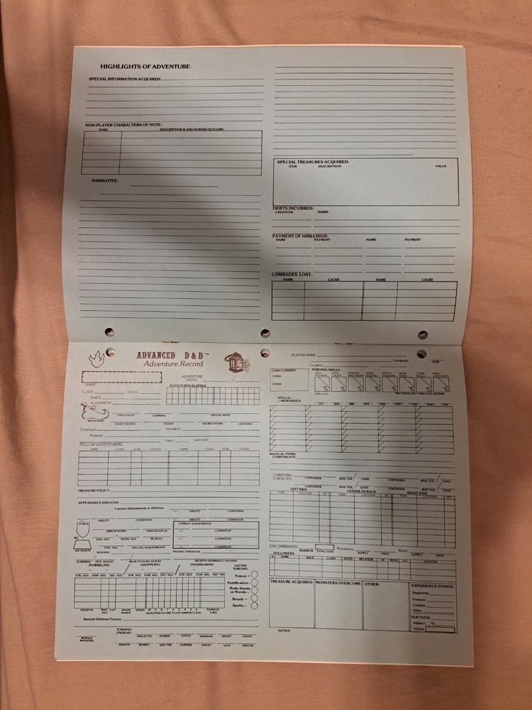 TSR AD&D Permanent Character Folder And Aventure Records