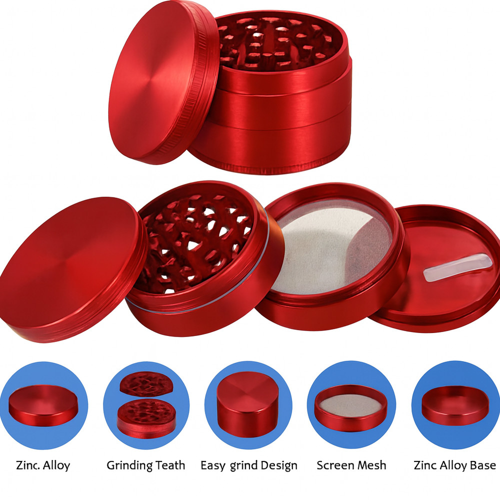 Fiery Elegance – 4PC Red Grinder Built for Precision with Scraper & Mesh screen