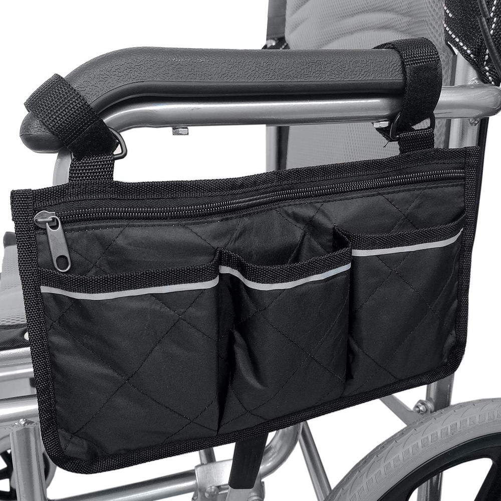 Wheelchair Side Bag, Waterproof Armrest Pouch Bag with Bright Line Black Storage