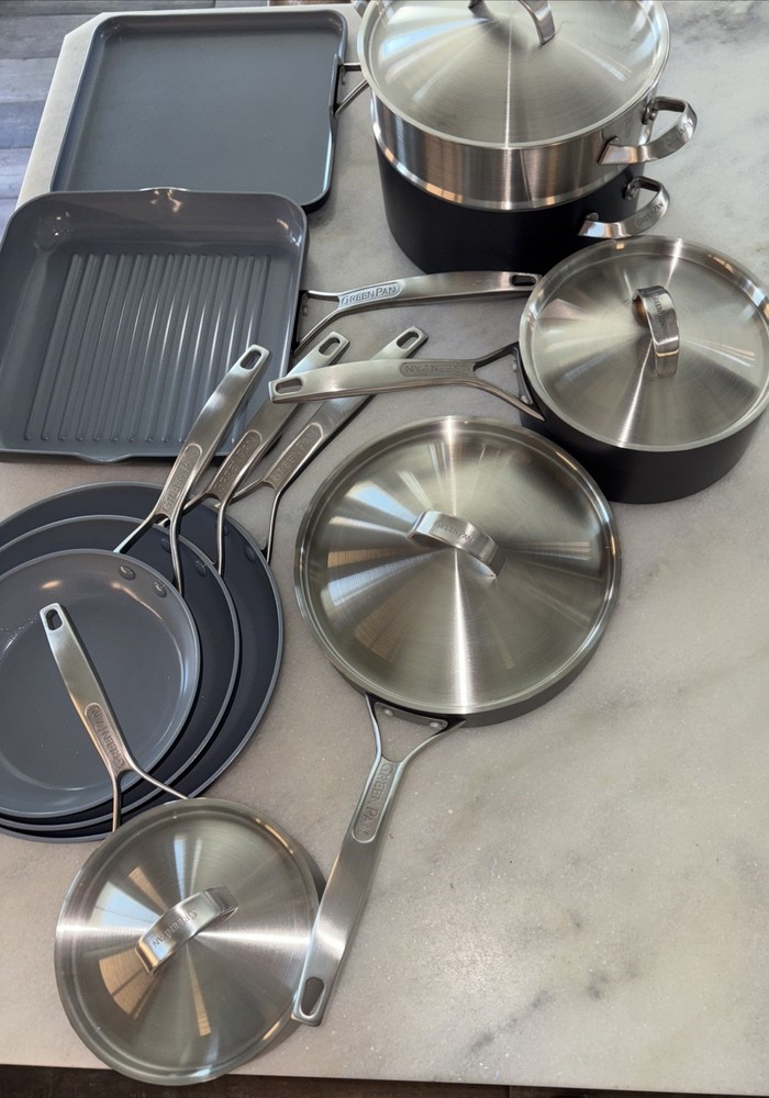 GreenPan Paris Pro 14 Piece Hard Anodized Ceramic Nonstick Cookware Set Display